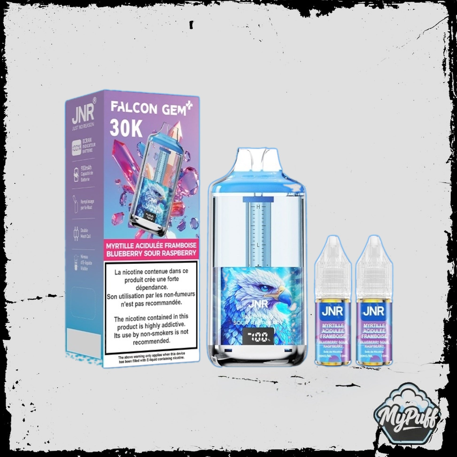Puff JNR Falcon Gem+ 30K bleue, saveur Blueberry Sour Raspberry, avec écran indicateur de batterie et 2 fioles de recharge