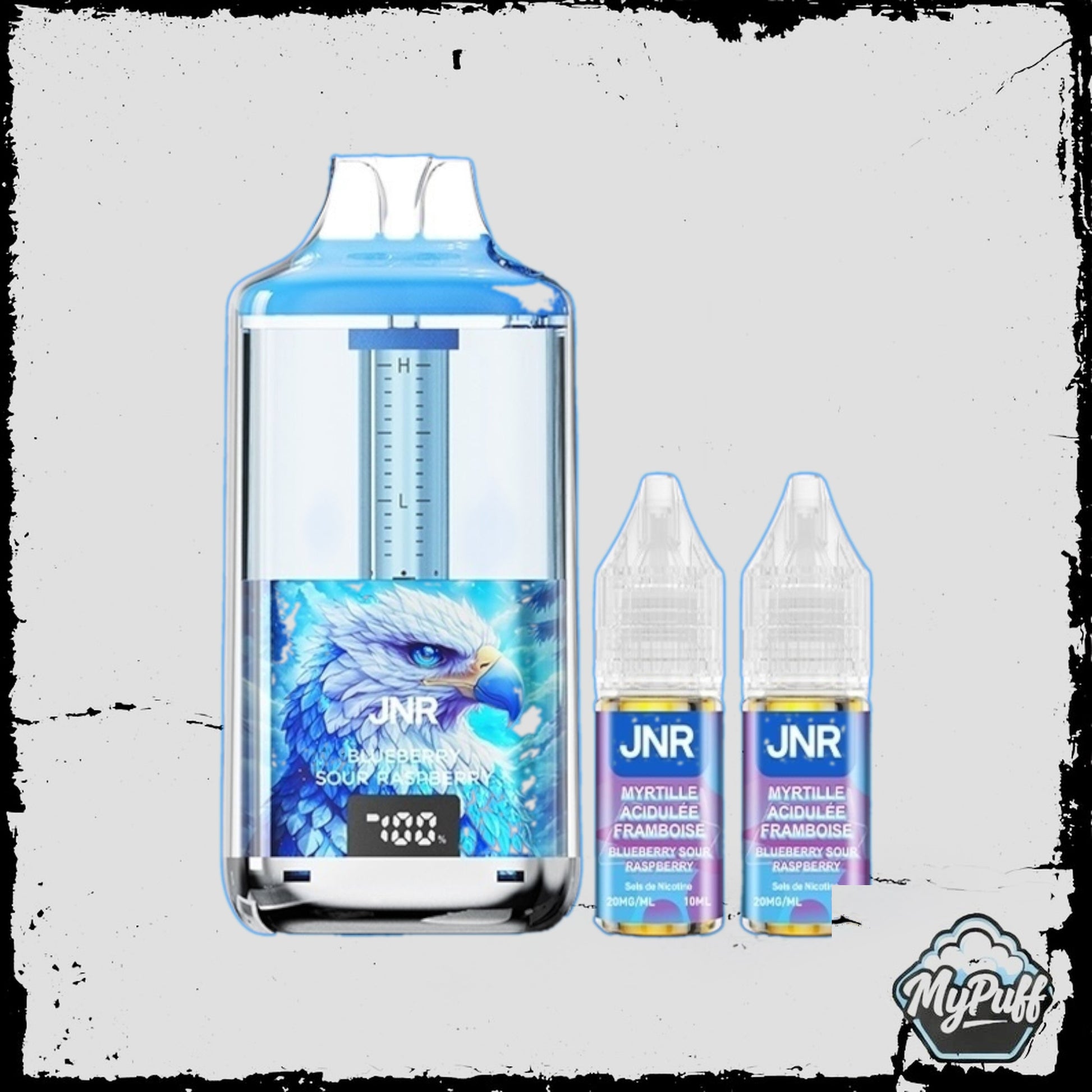 Puff JNR Falcon Gem+ 30K bleue, saveur Blueberry Sour Raspberry (Myrtille Acidulée Framboise), packaging et fioles incluses