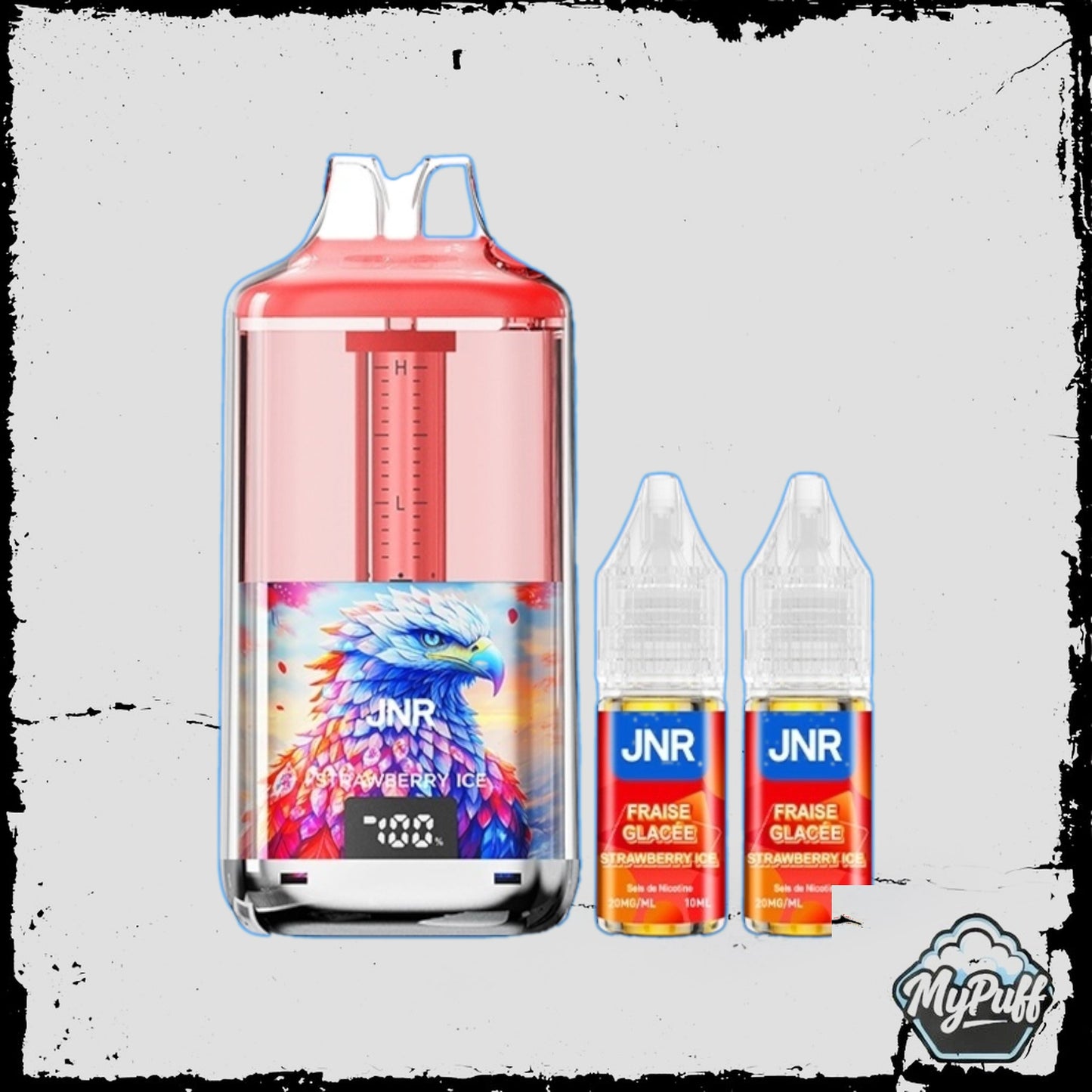 Puff JNR Falcon Gem+ 30K rouge, saveur Strawberry Ice (Fraise Glacée), avec packaging et fioles de recharge