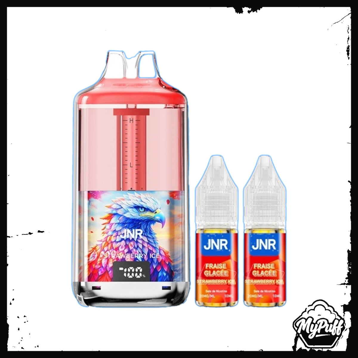 Puff JNR Falcon Gem+ 30K rouge, saveur Strawberry Ice (Fraise Glacée), avec packaging et fioles de recharge