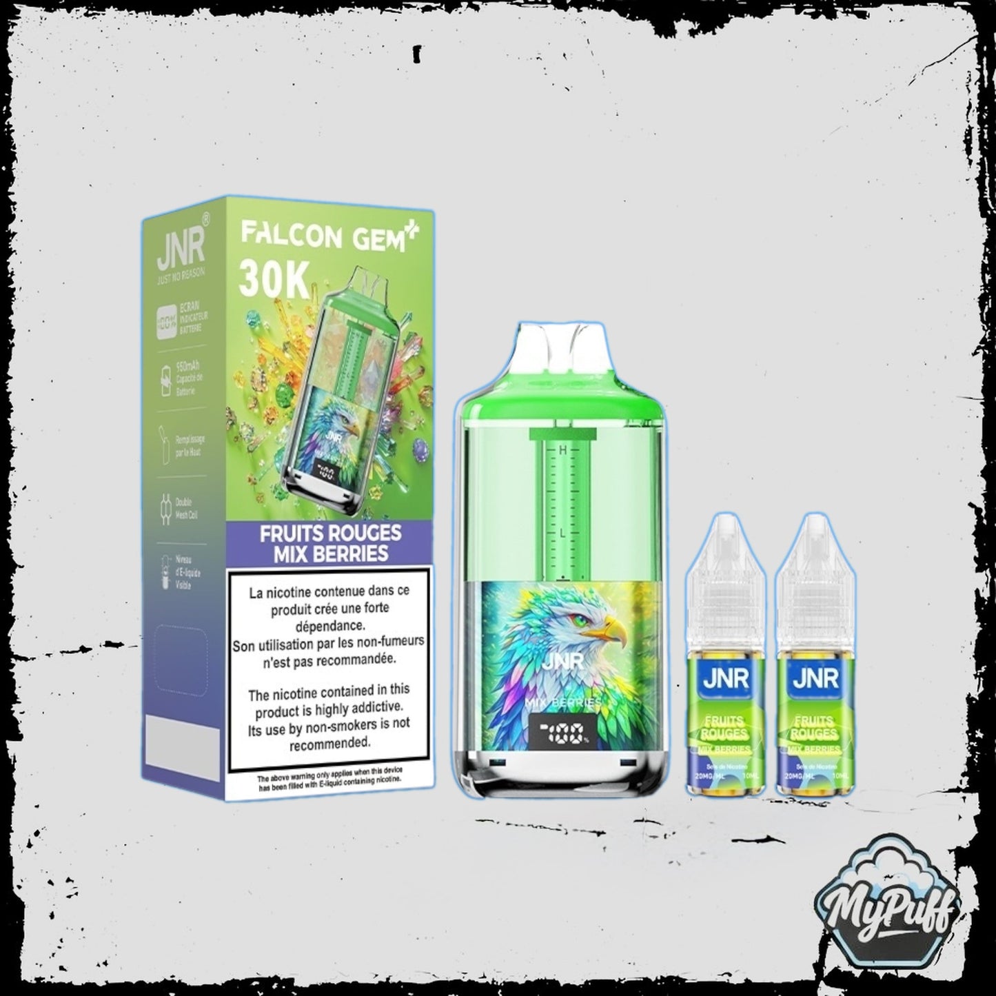 Puff JNR Falcon Gem+ 30K verte, saveur Mix Berries, avec écran indicateur de batterie et fioles incluses