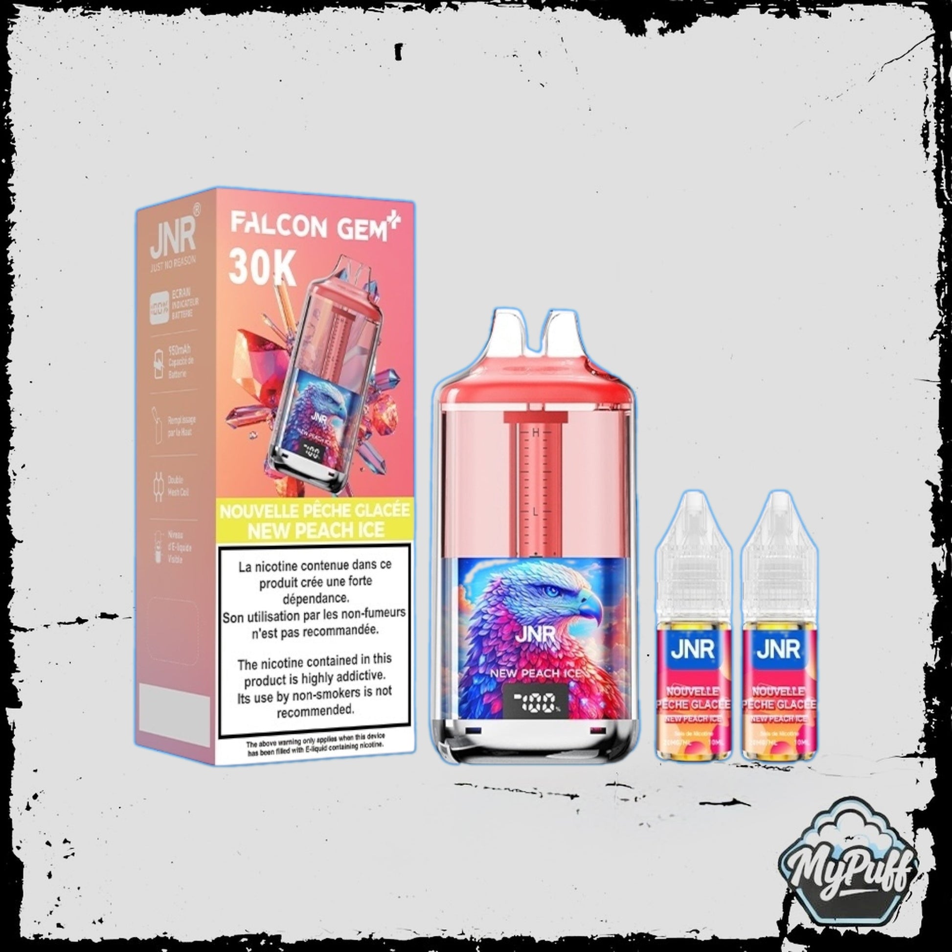 Puff JNR Falcon Gem+ 30K orange, saveur New Peach Ice, avec écran indicateur de batterie et fioles incluses