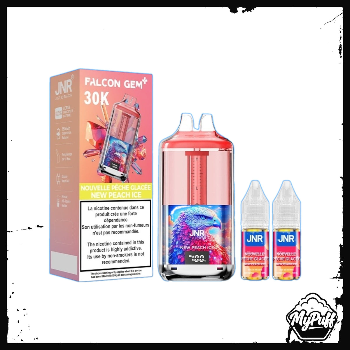 Puff JNR Falcon Gem+ 30K orange, saveur New Peach Ice, avec écran indicateur de batterie et fioles incluses