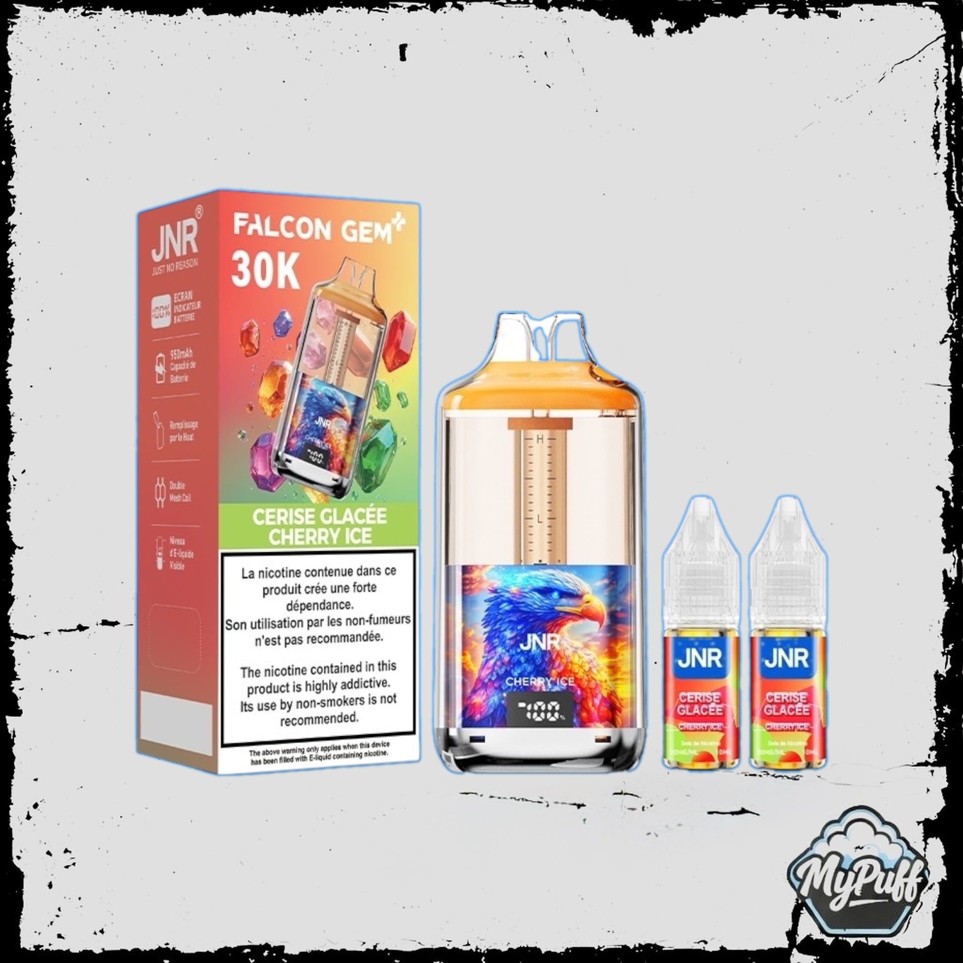 Puff JNR Falcon Gem+ 30K rouge, saveur Cherry Ice, avec écran indicateur de batterie et fioles incluses