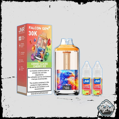 Puff JNR Falcon Gem+ 30K rouge, saveur Cherry Ice, avec écran indicateur de batterie et fioles incluses