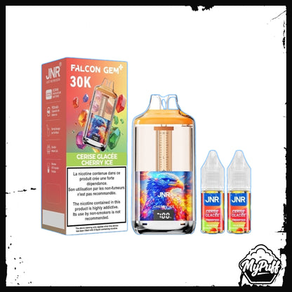 Puff JNR Falcon Gem+ 30K rouge, saveur Cherry Ice, avec écran indicateur de batterie et fioles incluses