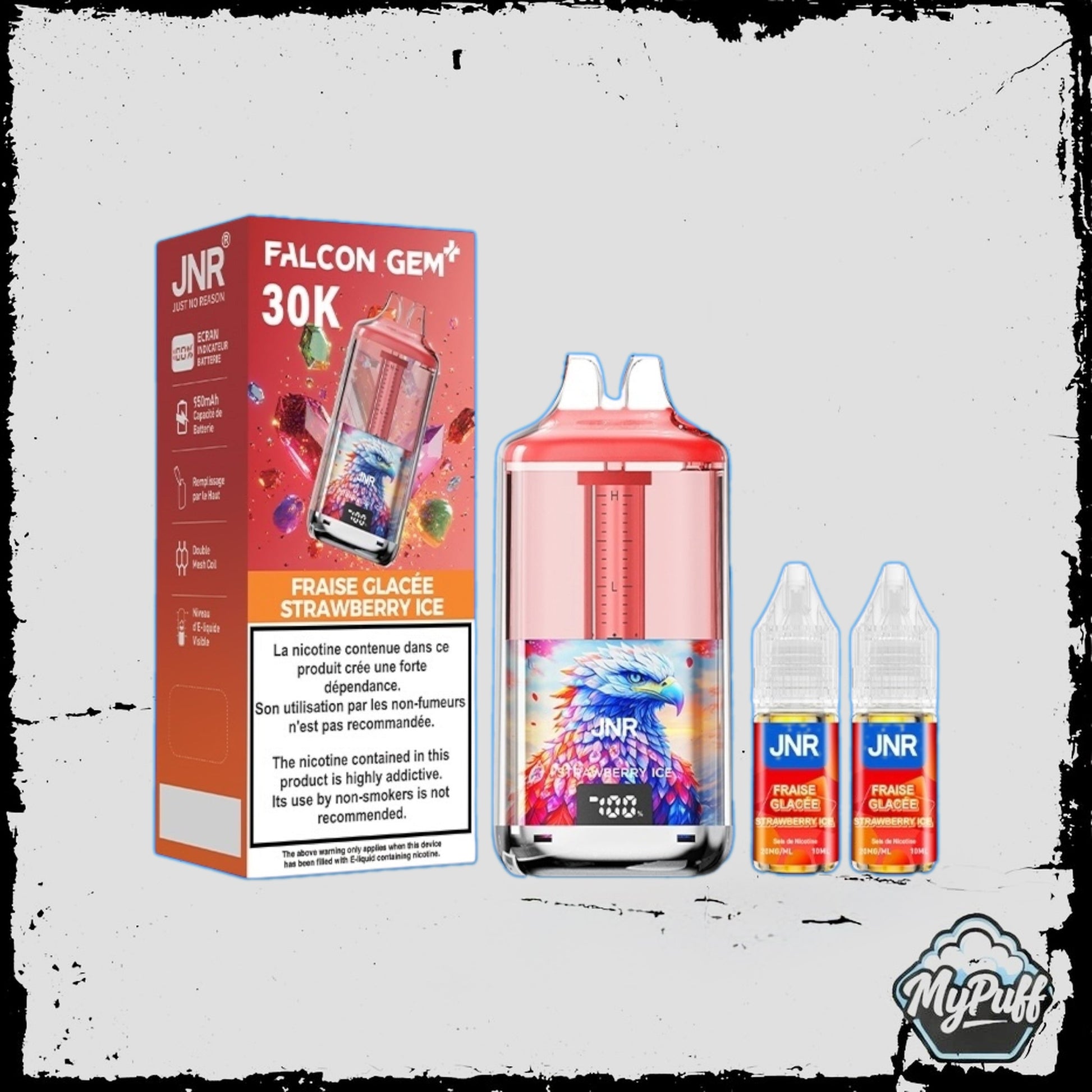 Puff JNR Falcon Gem+ 30K rouge, saveur Strawberry Ice, avec écran indicateur de batterie et fioles incluses