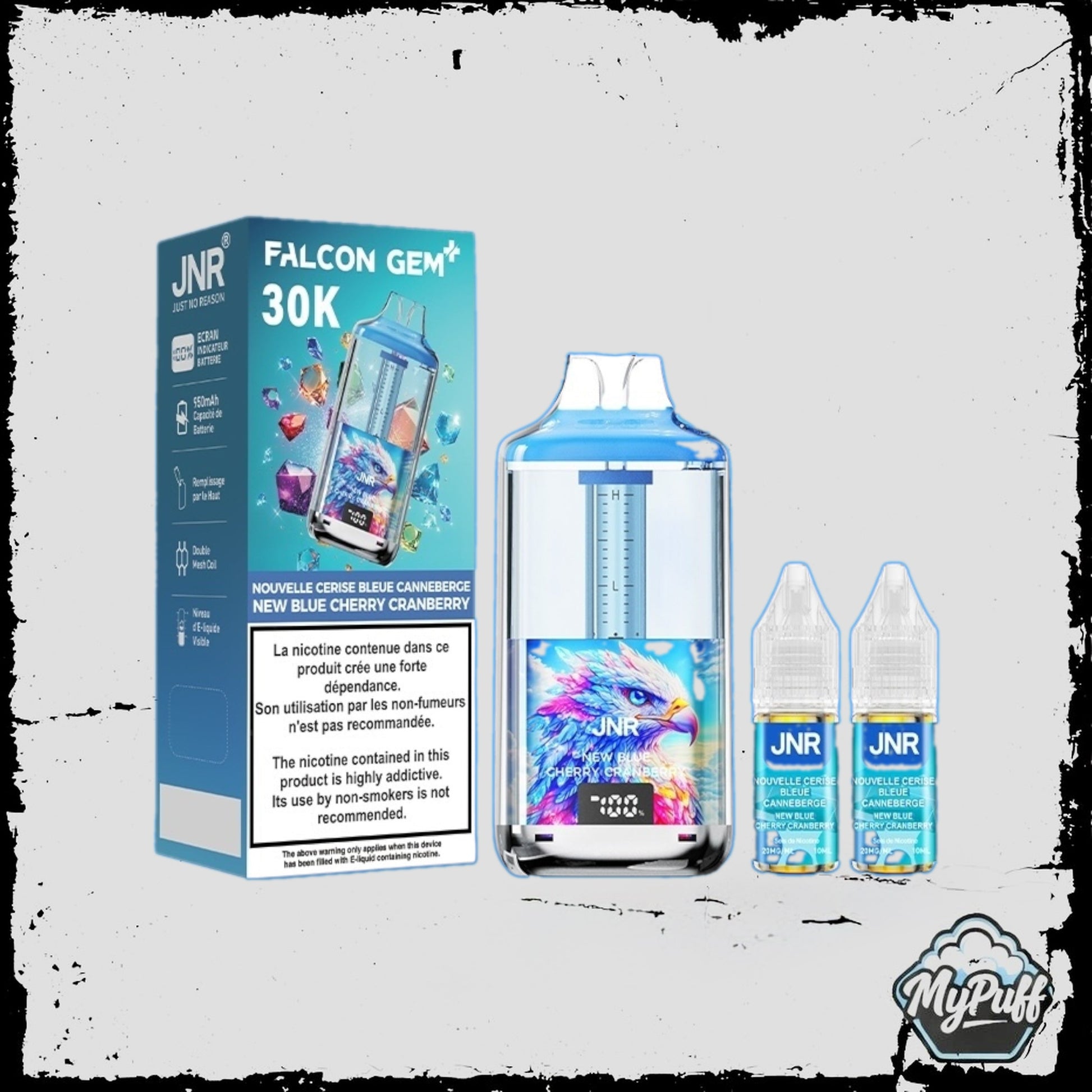 Puff JNR Falcon Gem+ 30K violette, saveur New Blue Cherry Cranberry, avec écran indicateur et fioles incluses