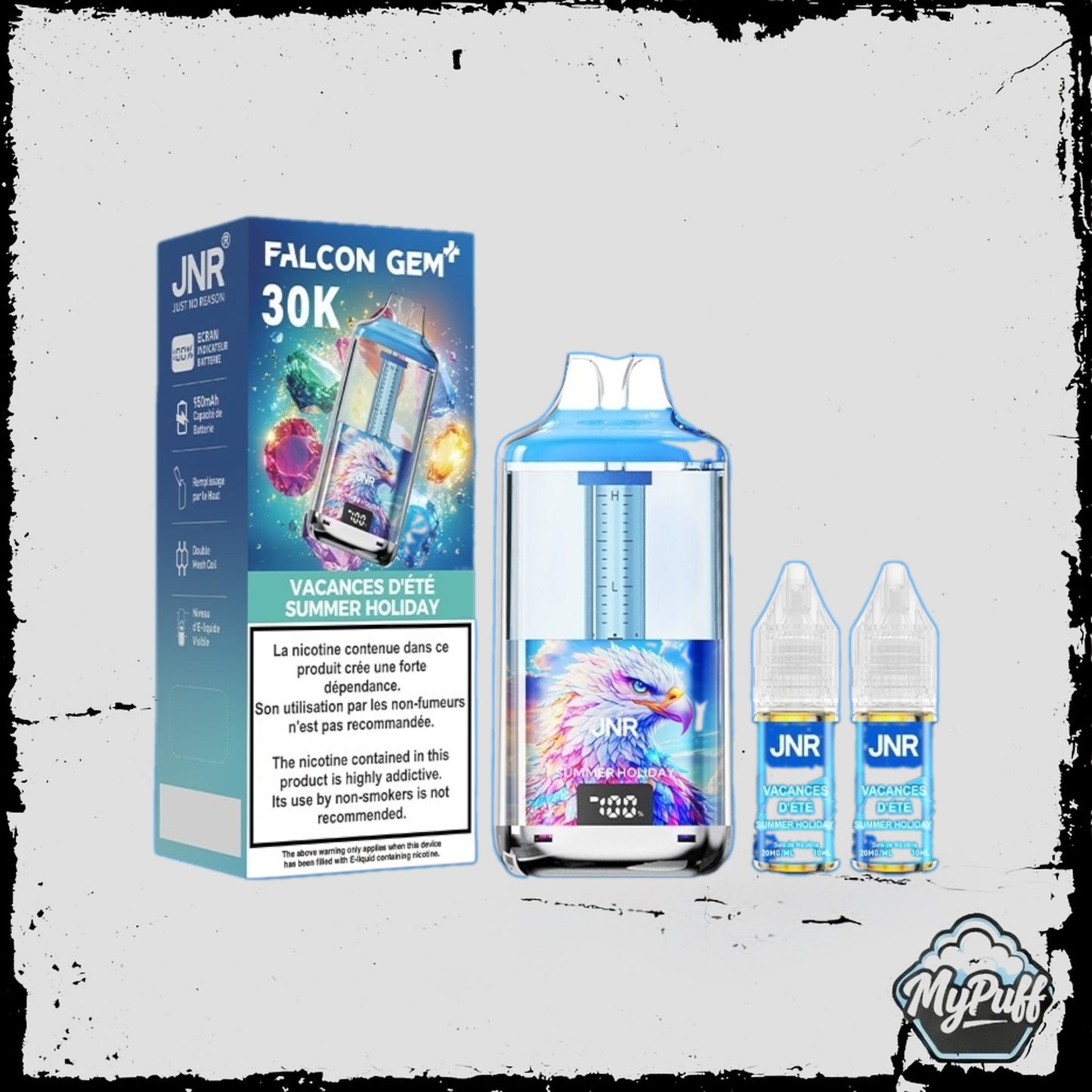 Puff JNR Falcon Gem+ 30K bleue et rose, saveur Summer Holiday, avec écran indicateur de batterie et fioles incluses