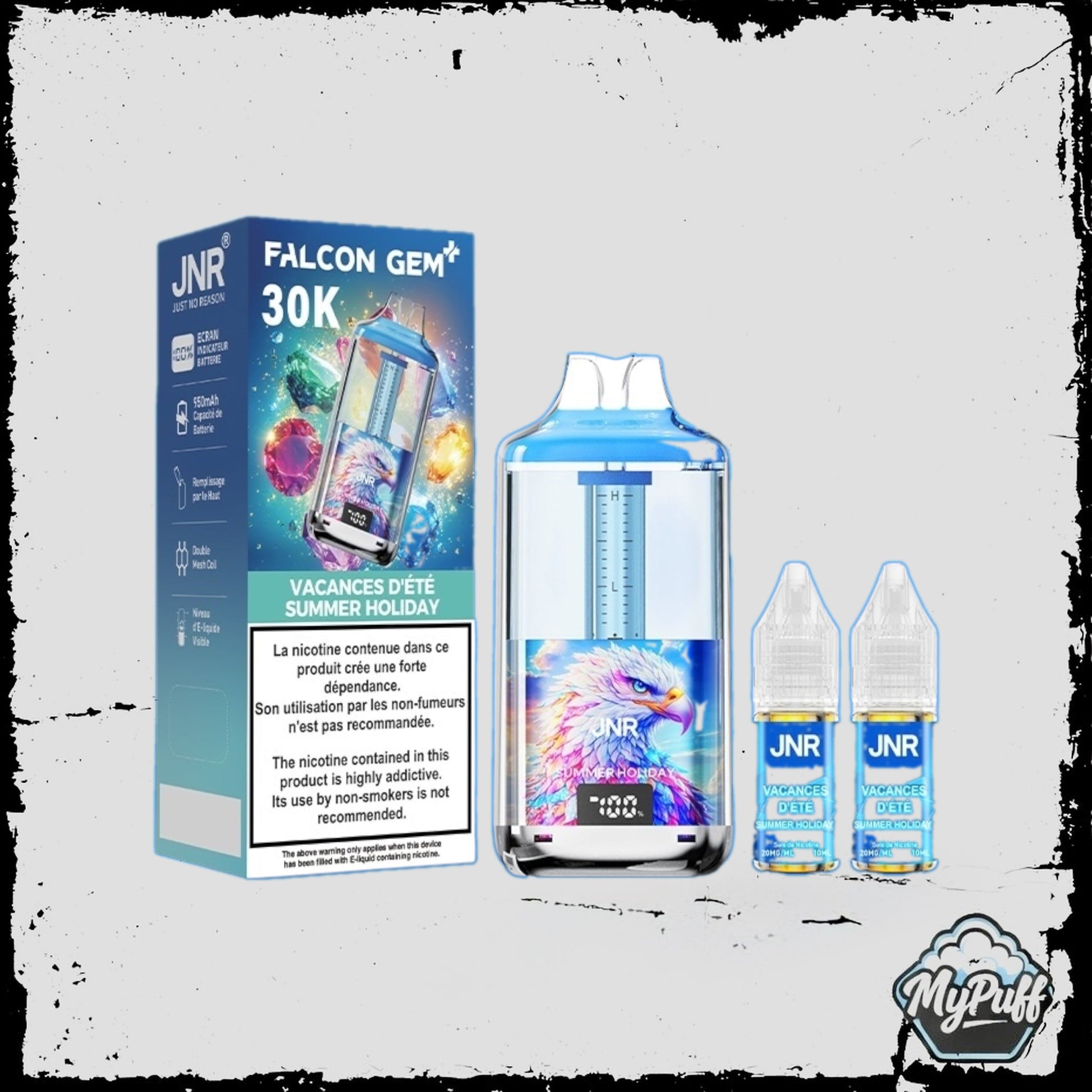 Puff JNR Falcon Gem+ 30K bleue et rose, saveur Summer Holiday, avec écran indicateur de batterie et fioles incluses