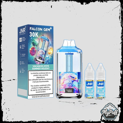 Puff JNR Falcon Gem+ 30K bleue et rose, saveur Summer Holiday, avec écran indicateur de batterie et fioles incluses