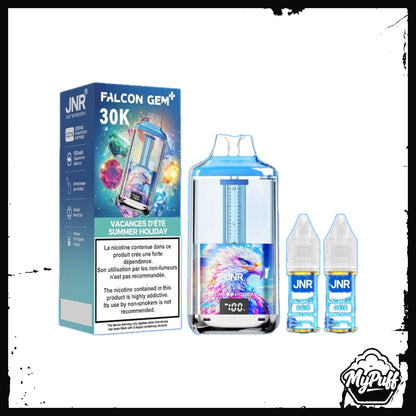 Puff JNR Falcon Gem+ 30K bleue et rose, saveur Summer Holiday, avec écran indicateur de batterie et fioles incluses