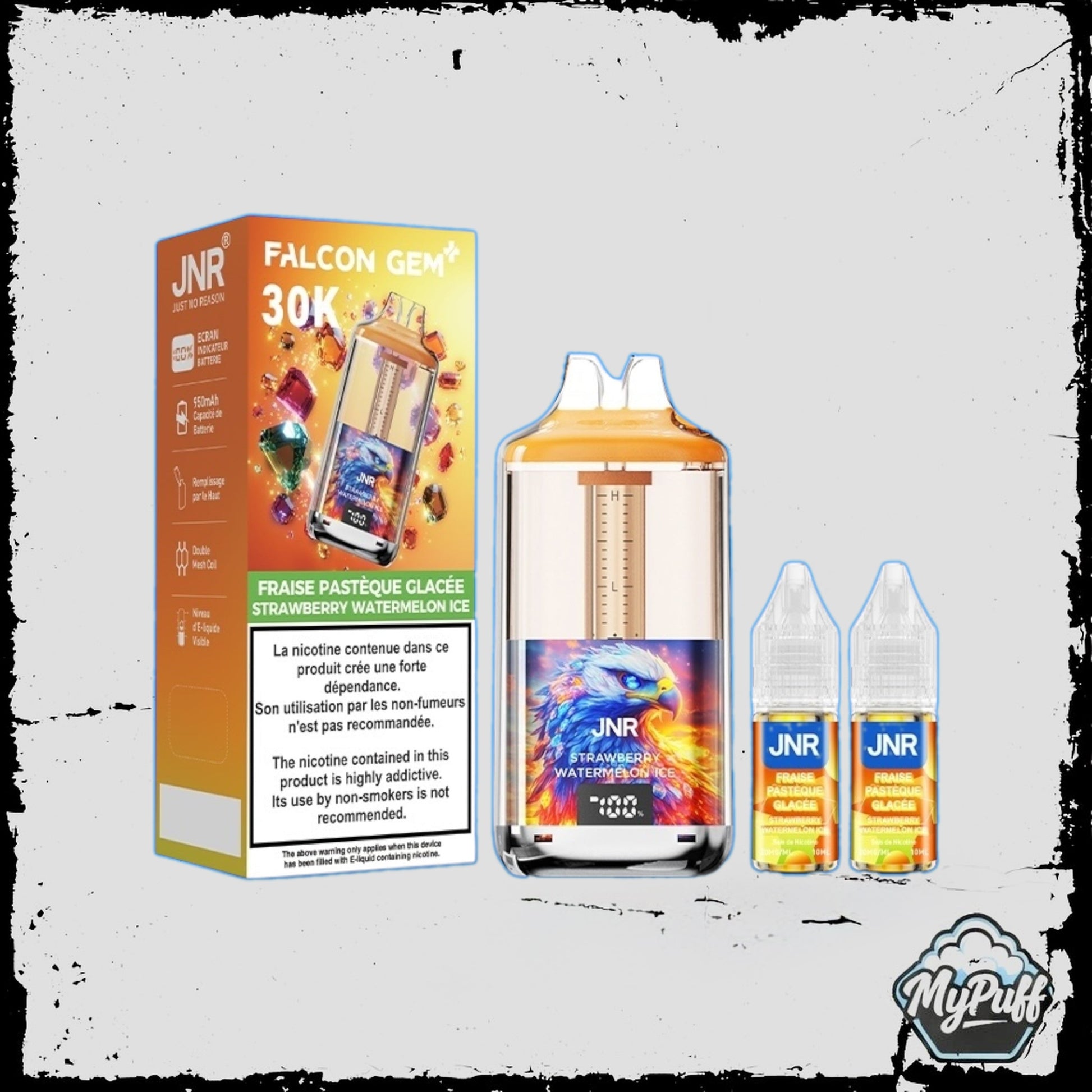 Puff JNR Falcon Gem+ 30K rouge, saveur Strawberry Watermelon Ice, avec écran indicateur et fioles incluses